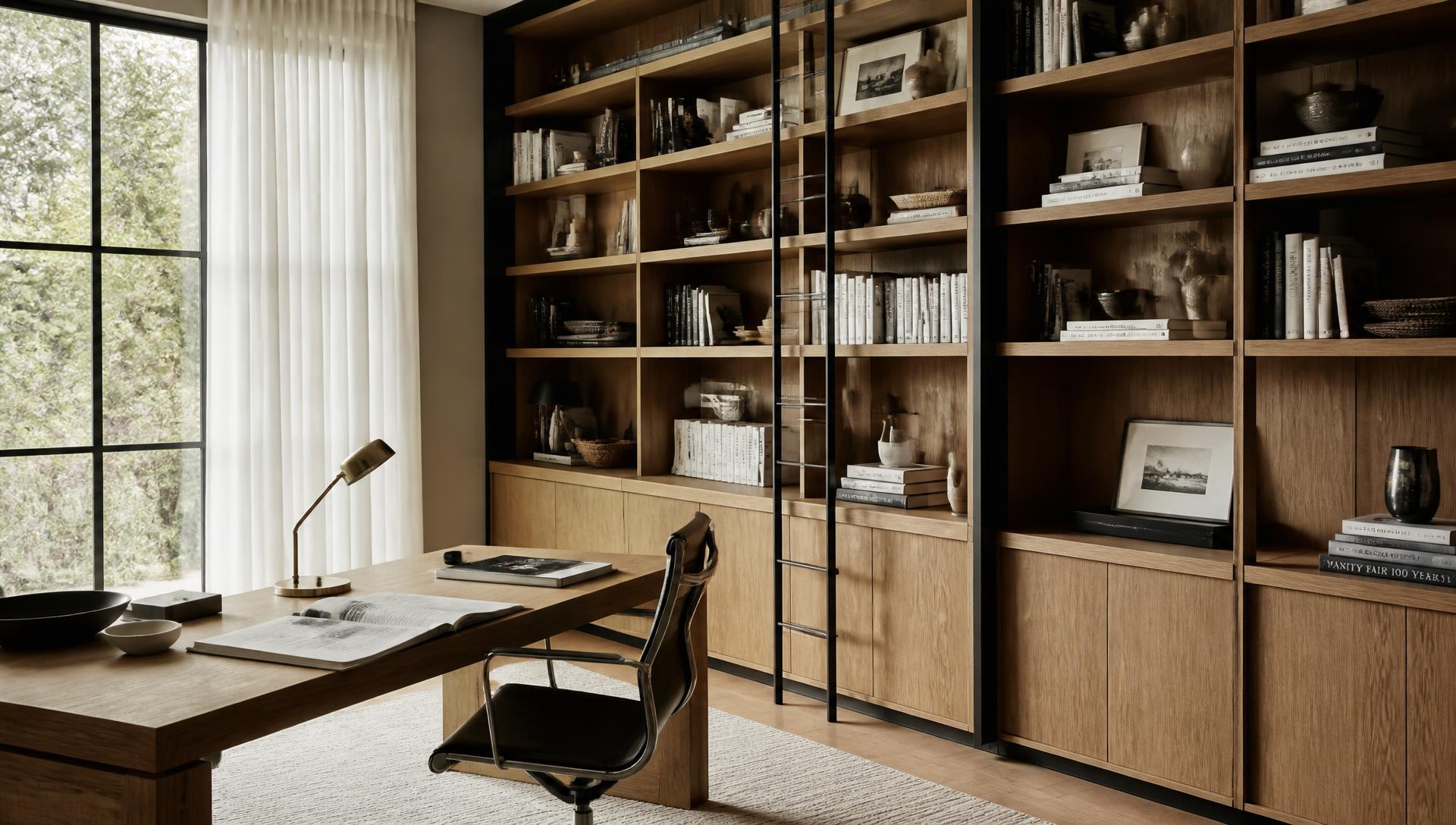 Biblioteca e home office com marcenaria integrada de piso a teto